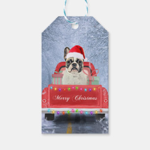 French Bulldog in Snow sitting in Christmas Truck Gift Tags