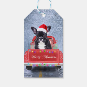 French Bulldog in Snow sitting in Christmas Truck Gift Tags