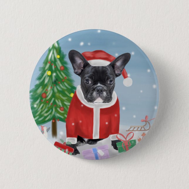 French Bulldog  in Snow with Christmas Gifts  6 Cm Round Badge (Front)