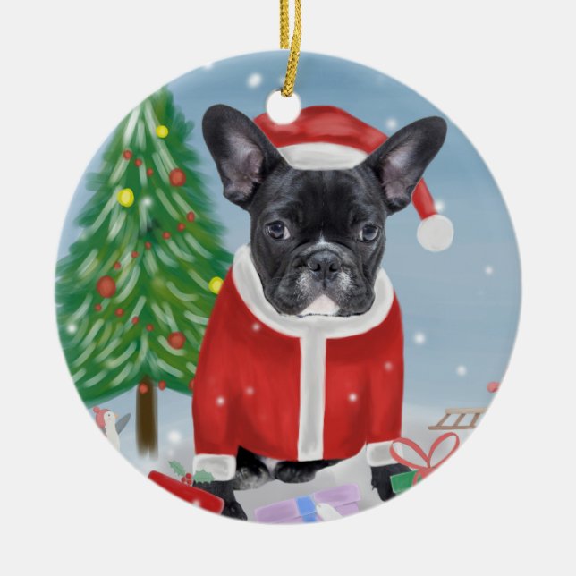 French Bulldog  in Snow with Christmas Gifts  Ceramic Tree Decoration (Front)