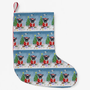 French Bulldog  in Snow with Christmas Gifts  Small Christmas Stocking