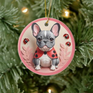 French Bulldog Ladybug Pastel Paper Cutting Art Ceramic Tree Decoration