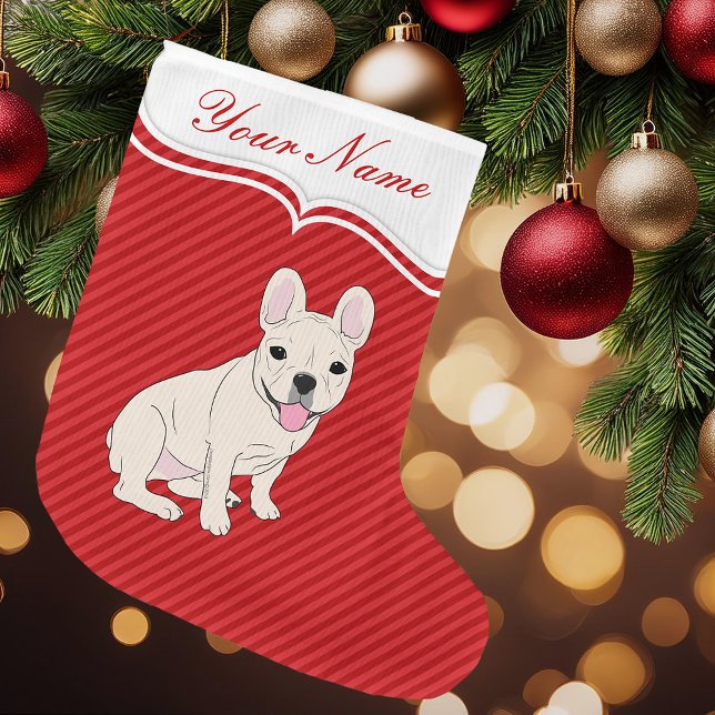 French Bulldog Large Christmas Stocking (Red Striped French Bulldog Personalized Christmas Stocking)