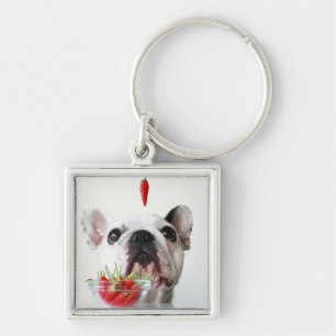 French Bulldog Looking At A Red Pepper Key Ring