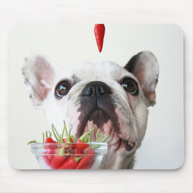 French Bulldog Looking At A Red Pepper Mouse Pad (Front)