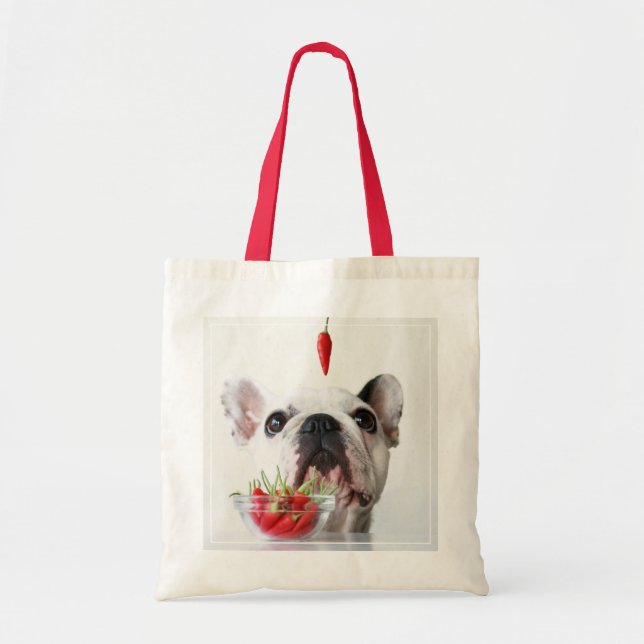 French Bulldog Looking At A Red Pepper Tote Bag (Front)