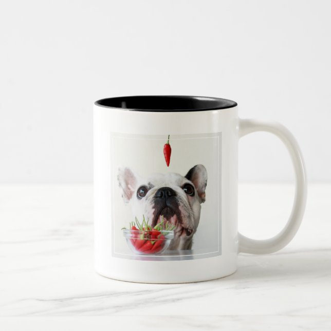 French Bulldog Looking At A Red Pepper Two-Tone Coffee Mug (Right)