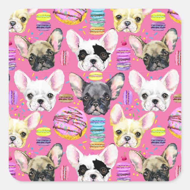 French Bulldog Macaron Pattern Square Sticker (Front)