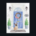 French Bulldog Moving Announcement Postcard<br><div class="desc">Announce your new address with our stylish announcement featuring a French Bulldog,  blue front door,  welcome mat,  slate sign,  topiaries and a floral wreath set on a grey brick background.</div>