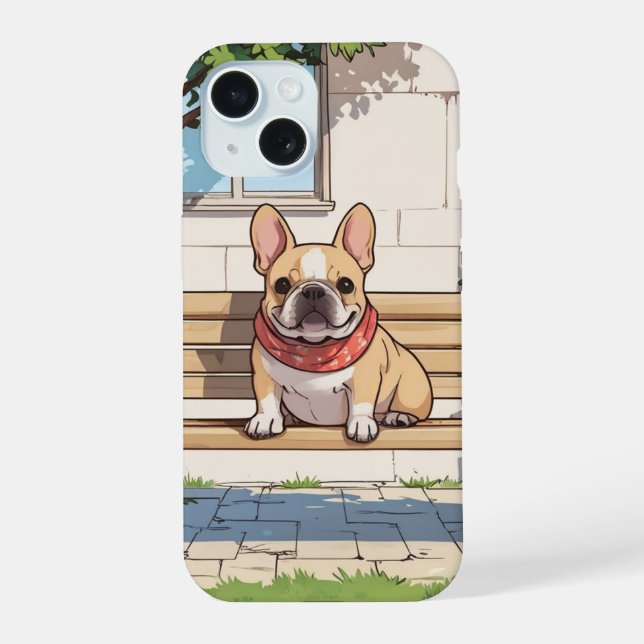 French Bulldog on a bench iPhone 15 Case (Back)