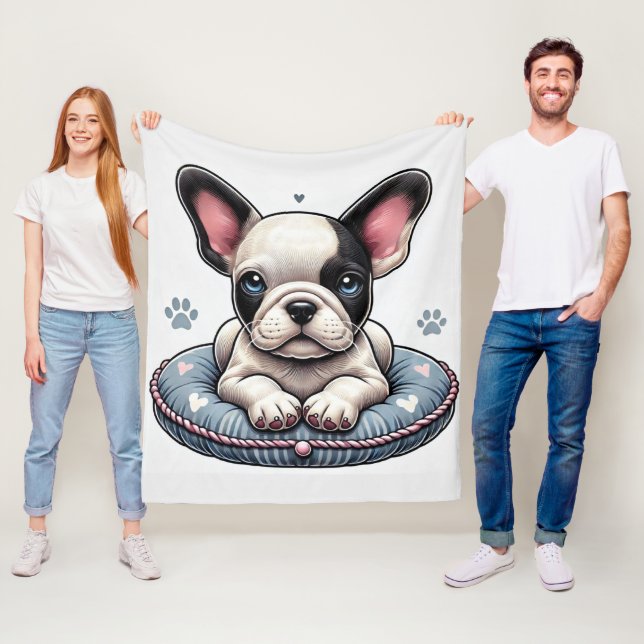 French Bulldog on a Heart-Themed Cushion Fleece Blanket (In Situ)