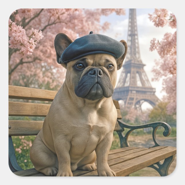 French Bulldog On a Paris Park Bench Square Sticker (Front)