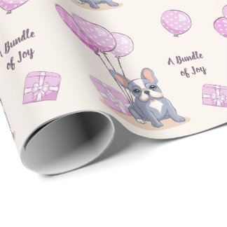 French Bulldog on Balloon Pink Girl Baby Shower Wrapping Paper
