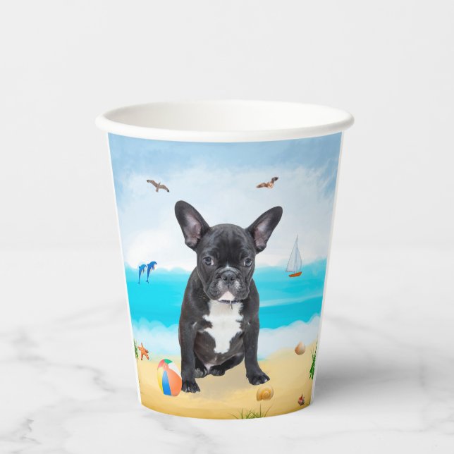 French Bulldog on Beach Paper Cups (Front)