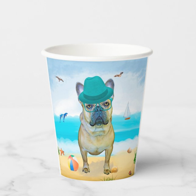 French Bulldog on Beach Paper Cups (Front)