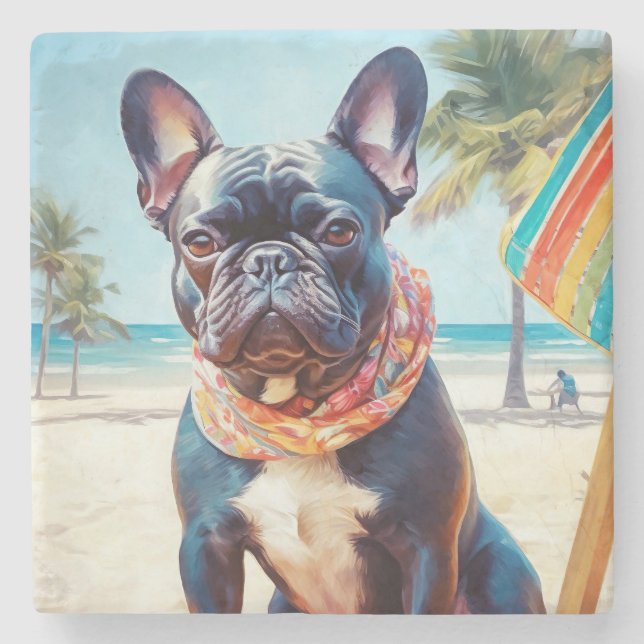 French Bulldog on Beach, summer gift for dog lover Stone Coaster (Front)