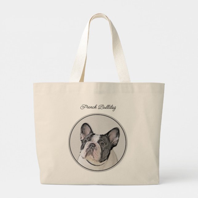 French Bulldog Painting White Black Pied Dog Art Large Tote Bag (Back)
