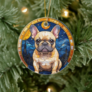 French Bulldog Pastel Stained Glass City Night Sky Ceramic Tree Decoration