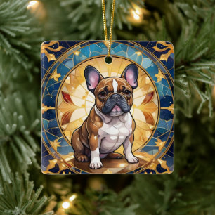 French Bulldog Pastel Stained Glass Gold Christmas Ceramic Ornament