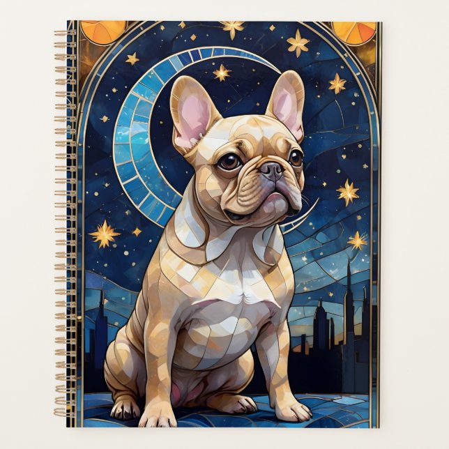 French Bulldog Pastel Stained Glass Night Sky Moon Planner (Front)