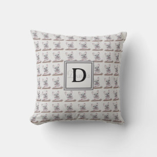 French Bulldog Pattern Grey with Monogram Cushion
