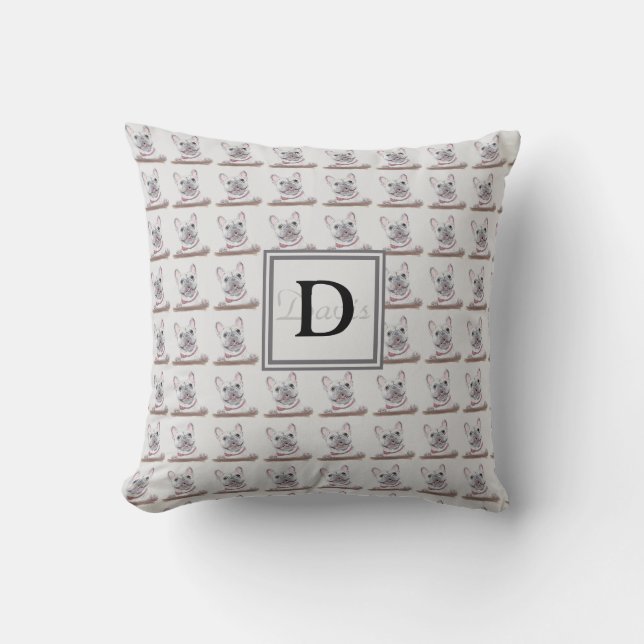 French Bulldog Pattern Grey with Monogram Cushion (Front)