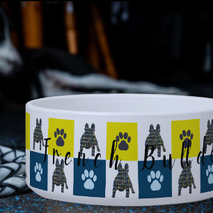 French Bulldog & Paw Yellow & Blue Grid Dog Bowl