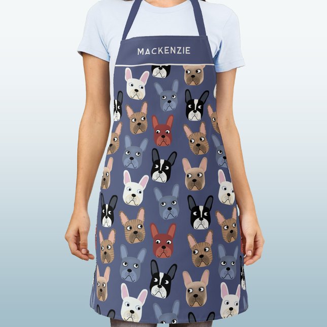 French Bulldog Personalised Dusty Blue Dog Apron (French Bulldog dog personalized custom name apron)