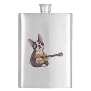 French Bulldog Playing Guitar Funny Guitarist Hip Flask