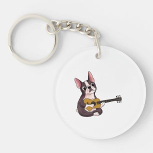 French Bulldog Playing Guitar Funny Guitarist Key Ring