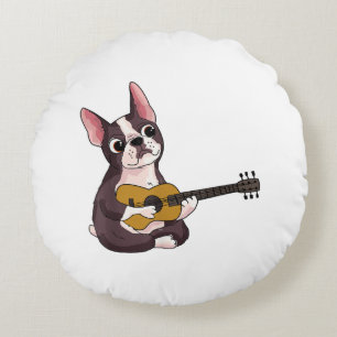 French Bulldog Playing Guitar Funny Guitarist Round Cushion