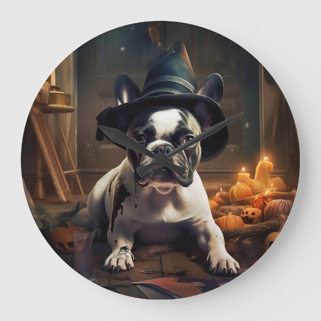 French Bulldog Pumpkins Halloween Scary Large Clock (Front)