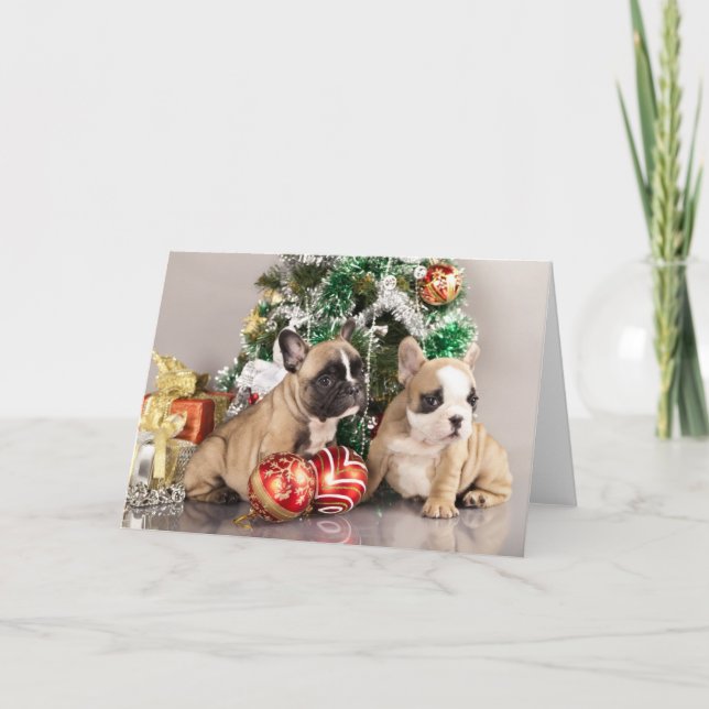 French bulldog puppy and Christmas gifts Holiday Card (Front)