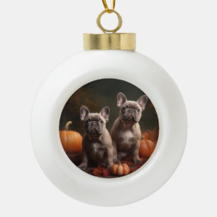 French Bulldog Puppy Autumn Delight Pumpkin Ceramic Ball Christmas Ornament
