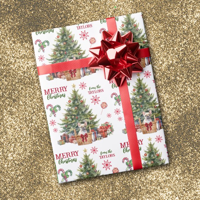French Bulldog Puppy Basket Under Holiday Tree Wrapping Paper (Creator Uploaded)