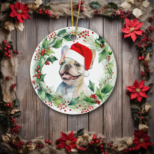 French Bulldog Puppy Holly Wreath Christmas Ceramic Tree Decoration