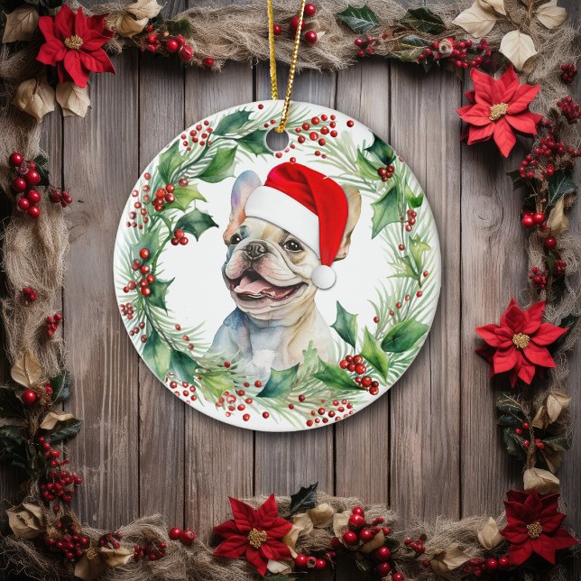 French Bulldog Puppy Holly Wreath Christmas Ceramic Tree Decoration (Creator Uploaded)