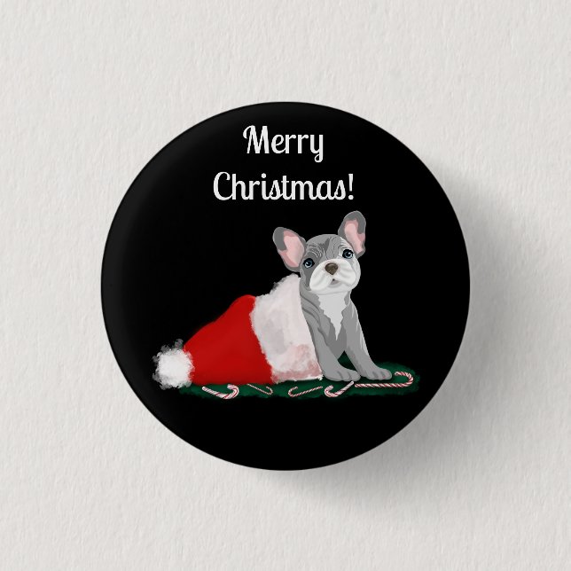 French Bulldog Puppy In Santa’s Hat Keychain 3 Cm Round Badge (Front)