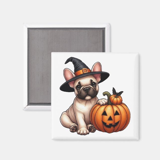 French Bulldog Puppy in Witch Hat with Pumpkin  Magnet (Front/Back)