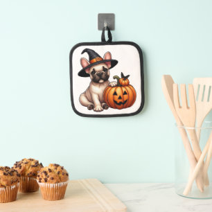 French Bulldog Puppy in Witch Hat with Pumpkin Pot Holder