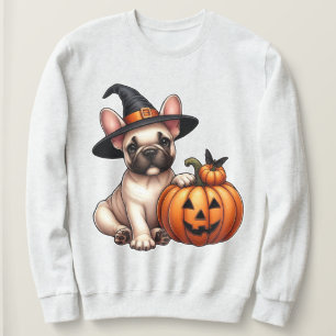 French Bulldog Puppy in Witch Hat with Pumpkin Sweatshirt