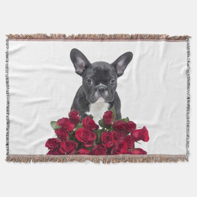 French Bulldog Puppy Roses Flowers Throw White Blanket (Front)
