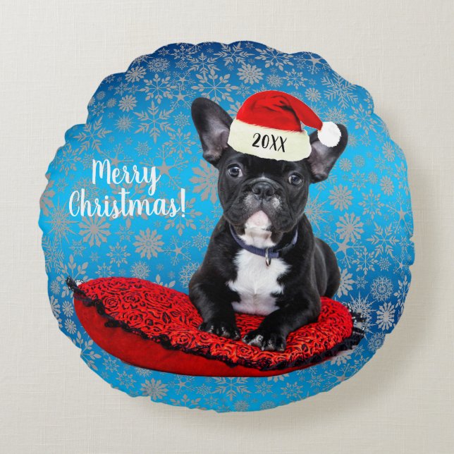 French Bulldog Puppy with Santa Hat Christmas Round Cushion (Front)