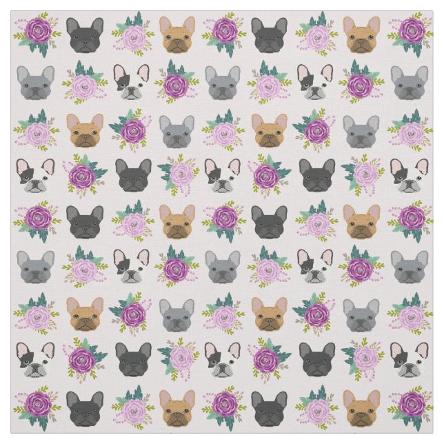 French Bulldog Purple Florals Fabric (Swatch)