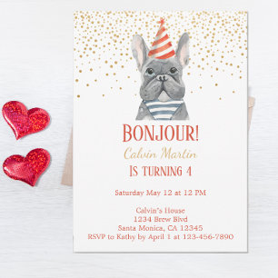 French Bulldog Red Fourth Birthday Invitation