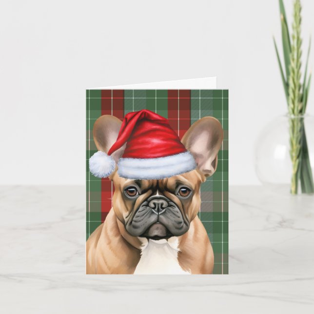 French Bulldog Red Green Seasonal Plaid Christmas Holiday Card (Front)