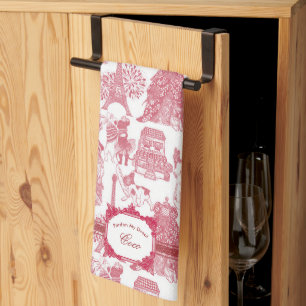 FRENCH BULLDOG Red Toile Tea Towel