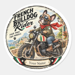 French Bulldog Rider Vintage Motorcycle Name Badge Classic Round Sticker