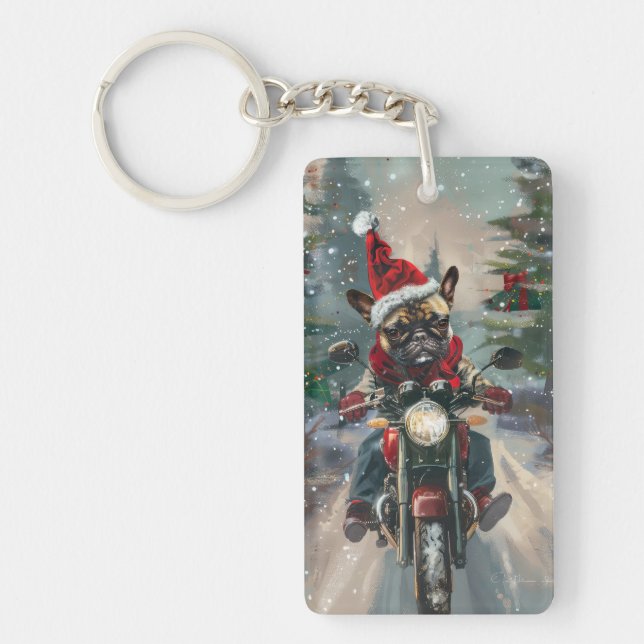 French Bulldog Riding Motorcycle Christmas Key Ring (Front)