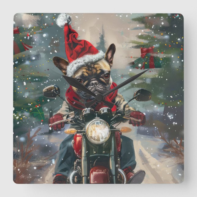 French Bulldog Riding Motorcycle Christmas Square Wall Clock (Front)